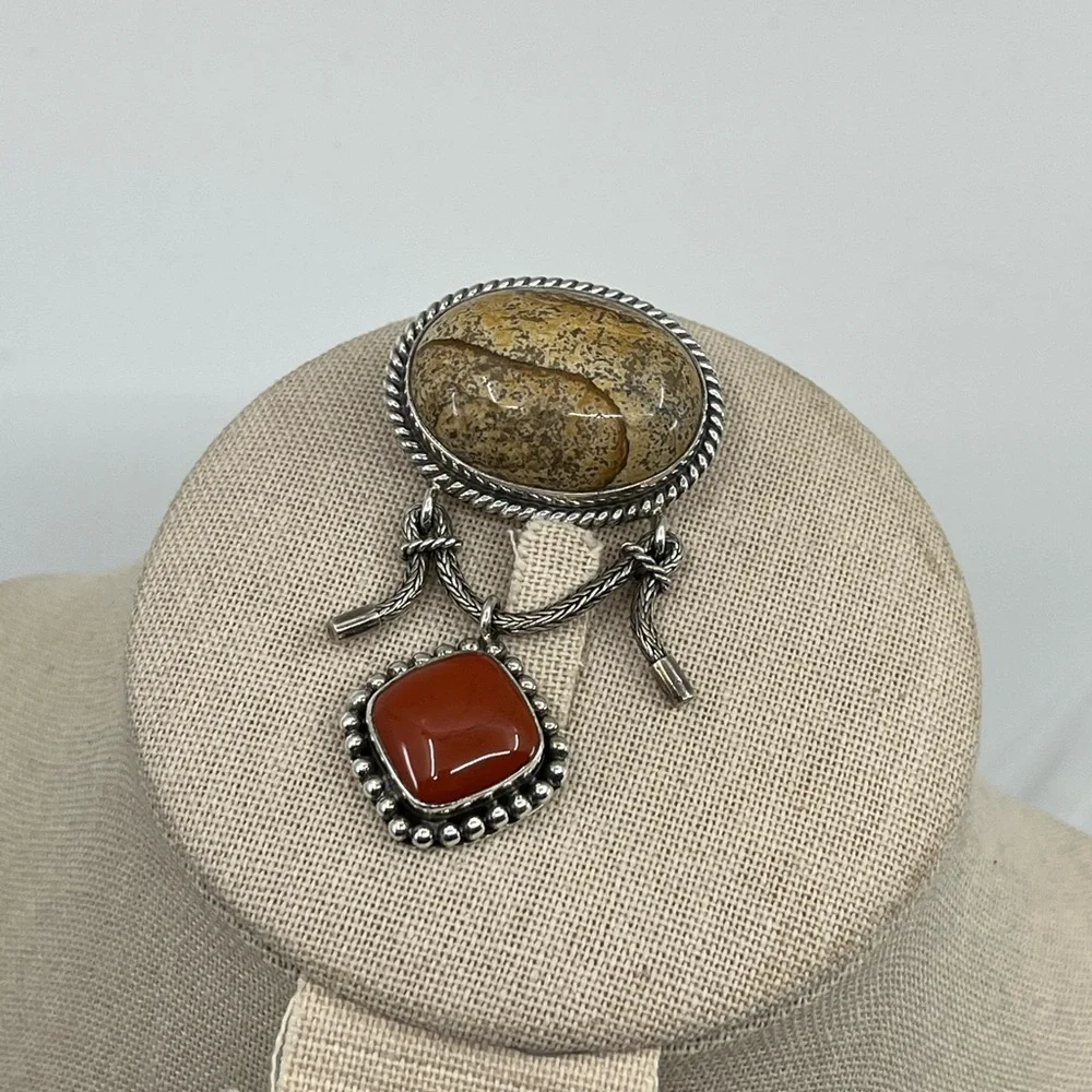 Vintage Sterling Silver Brooch Pendant with Red Jasper, Balinese QVC